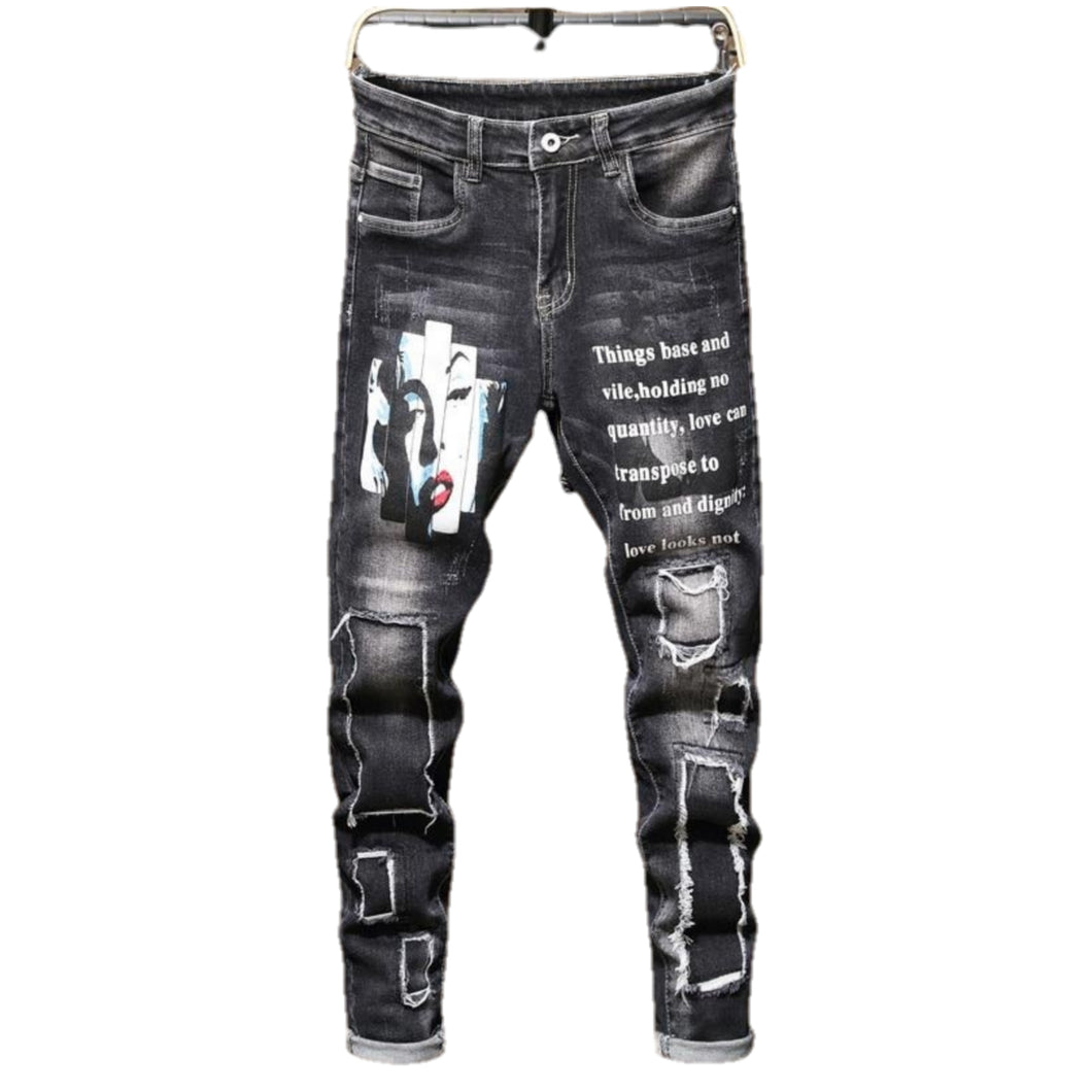 Distressed Patchwork Black Denim Jeans